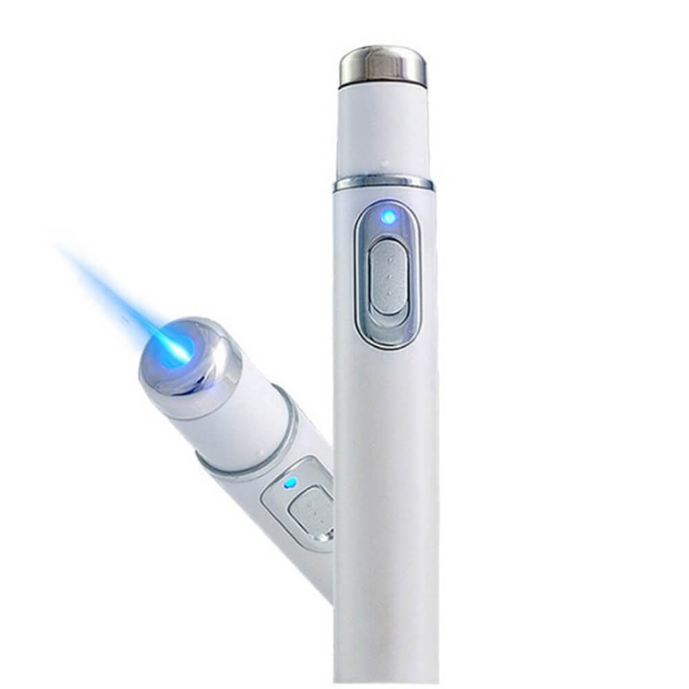 A Blue Light Therapy Facial Pen vertically placed with a diagonal pen in the back displaying its blue light