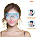 A graphic showing where the device would sit on the face of a model. Two graphics on the right depicting the devices rhythmic vibration massage and its eliminate eye strain functionality.  