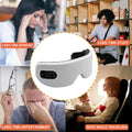 The Bluetooth Music Eye Massager placed in the middle surrounded by 4 images, showing how long work days, study, forms of entertainment such as television and travelling can cause strain.