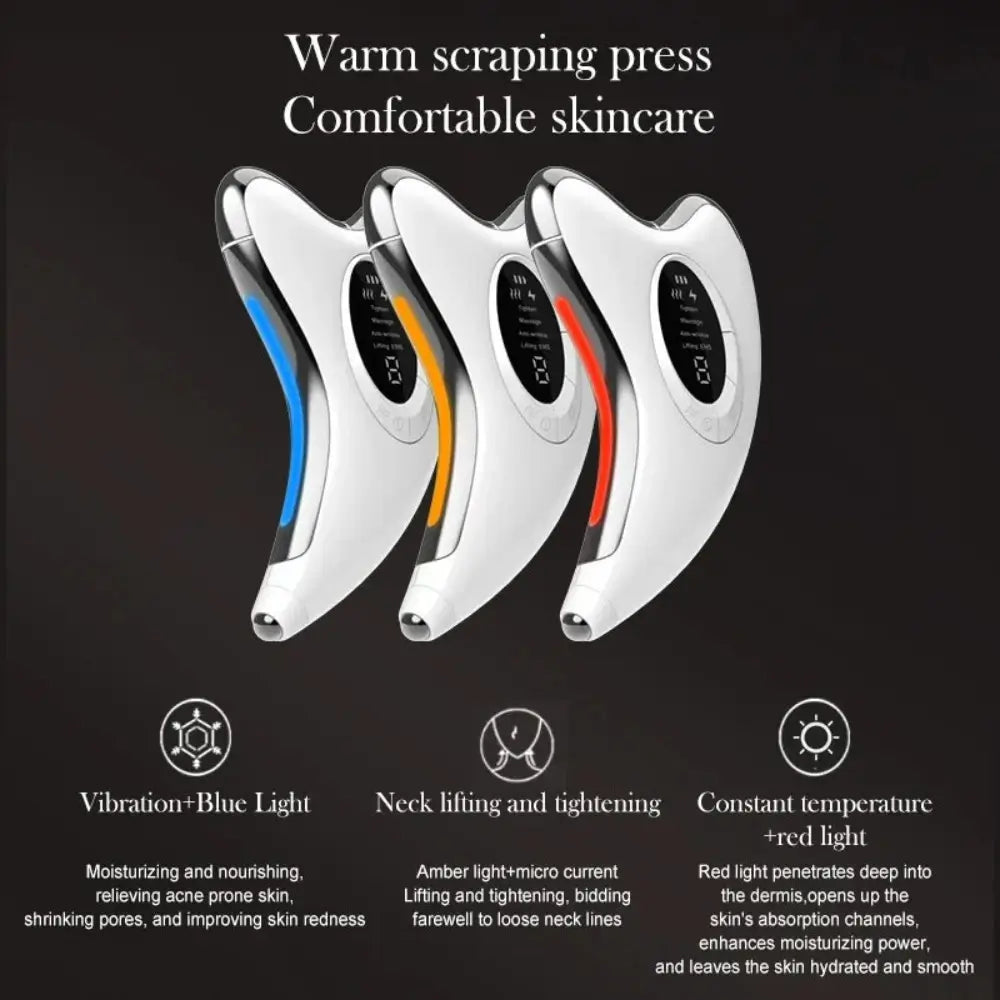 3 of the electric gua sha facial massage tools displaying the vibration blue light, the neck lifting and tightening amber light and the constant temperature red light.