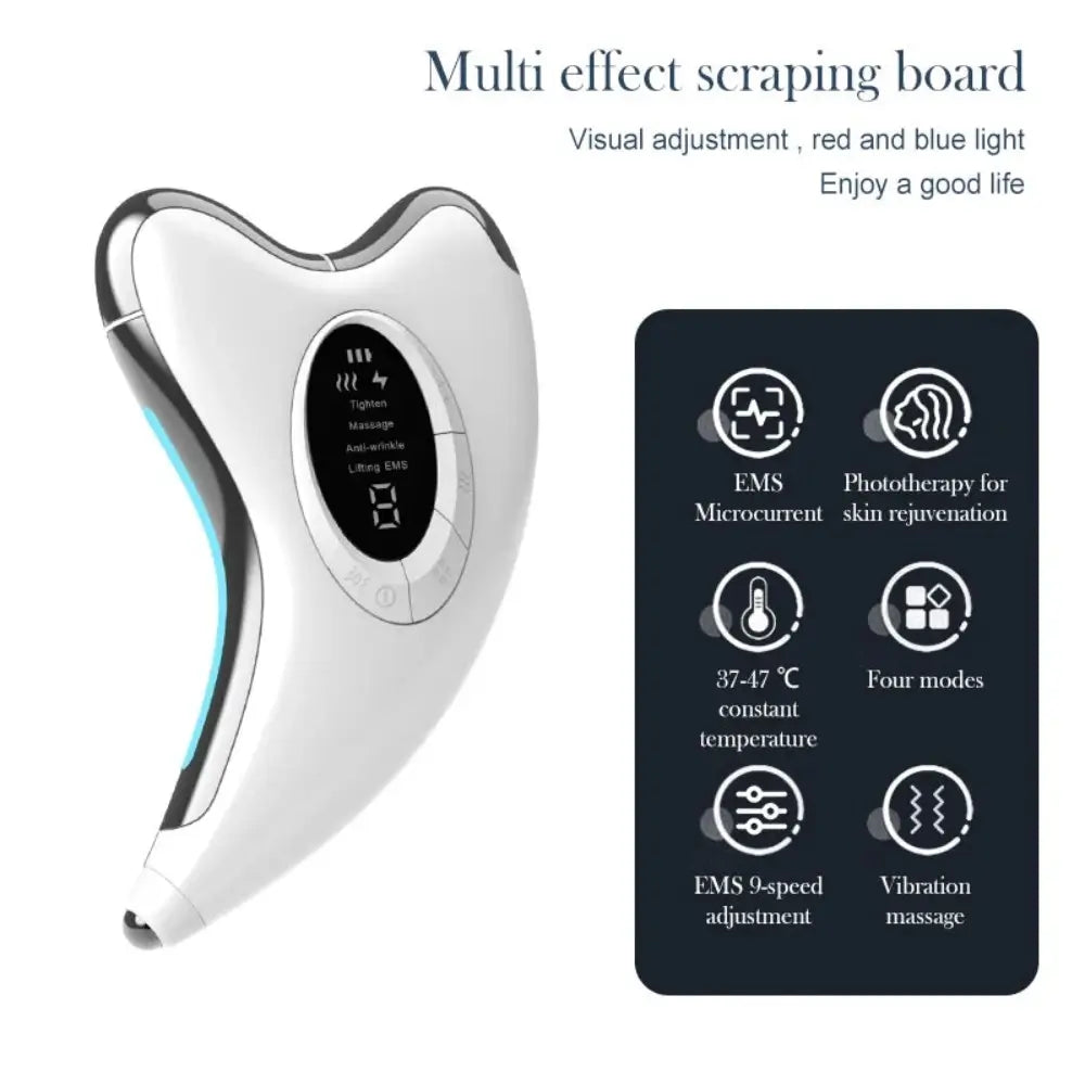 The Electric Gua Sha Facial Massage Tool and its functions: EMS Micro current, Photo therapy for skin rejuvenation, 37-47 degree temperatures, Four modes, EMS 9-speed adjustment, Vibration massage.