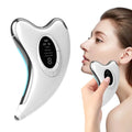The electric gua sha on the left and a model using the facial massage device on the right.