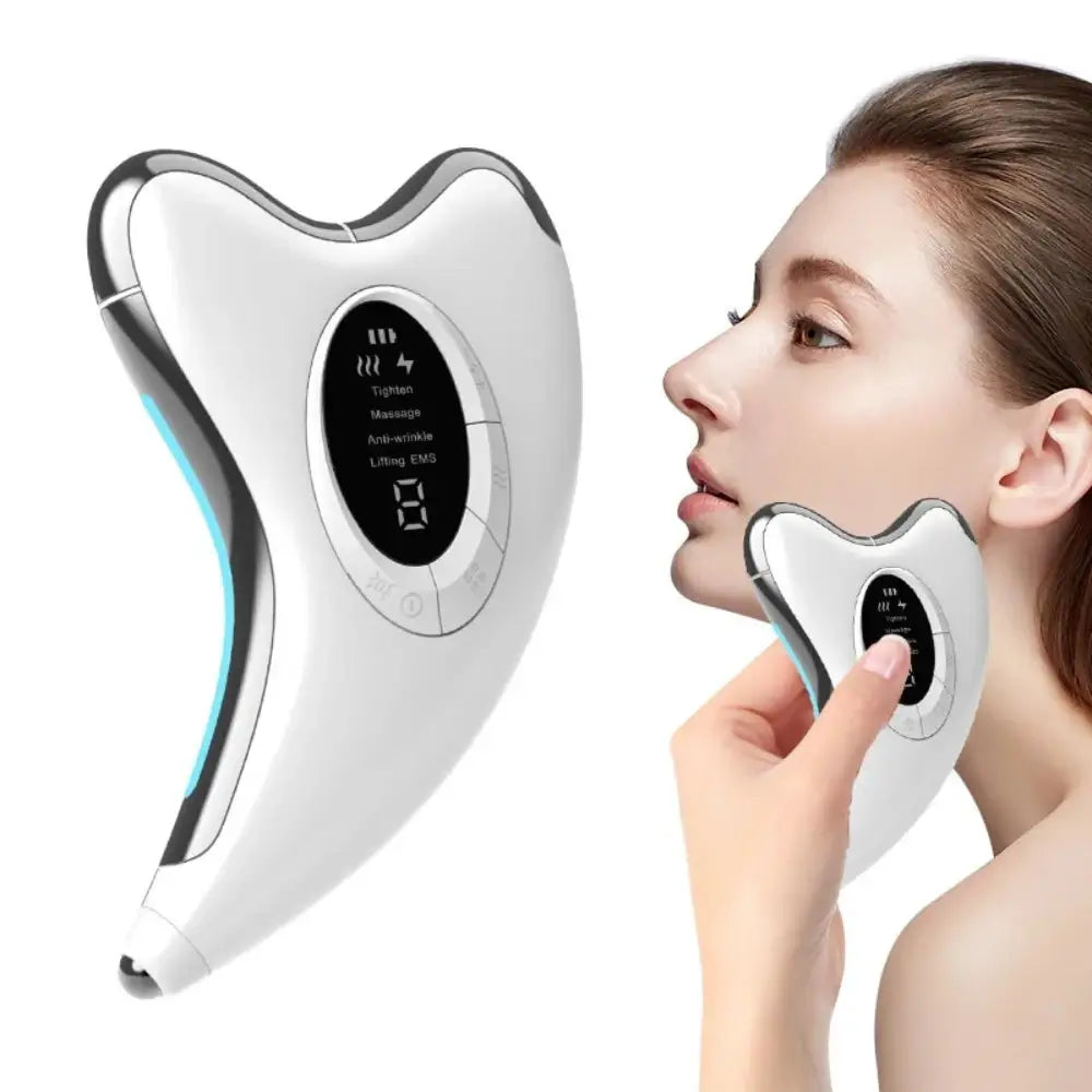The electric gua sha on the left and a model using the facial massage device on the right.