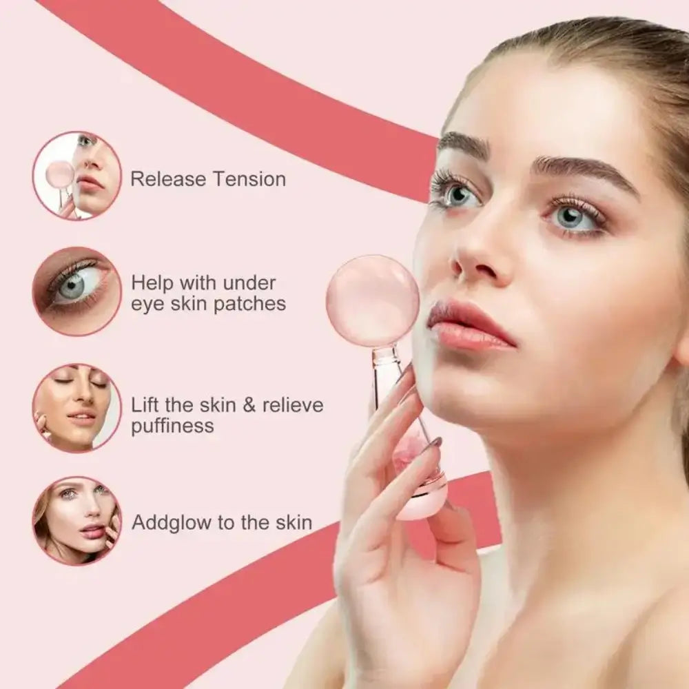 A model using the cooling globes facial roller on her face. 4 graphics stating the benefits of using the tool: Releases tension, Helps with under the eye skin patches, lifts the skin and relieves puffiness, adds glow to the skin.
