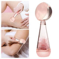 The Cooling Globes Facial Roller on the right and two pictures on the left of a model using the tool on her skin.
