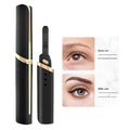 The electric heated eyelash curler with the top off. A before and after use case on the right.