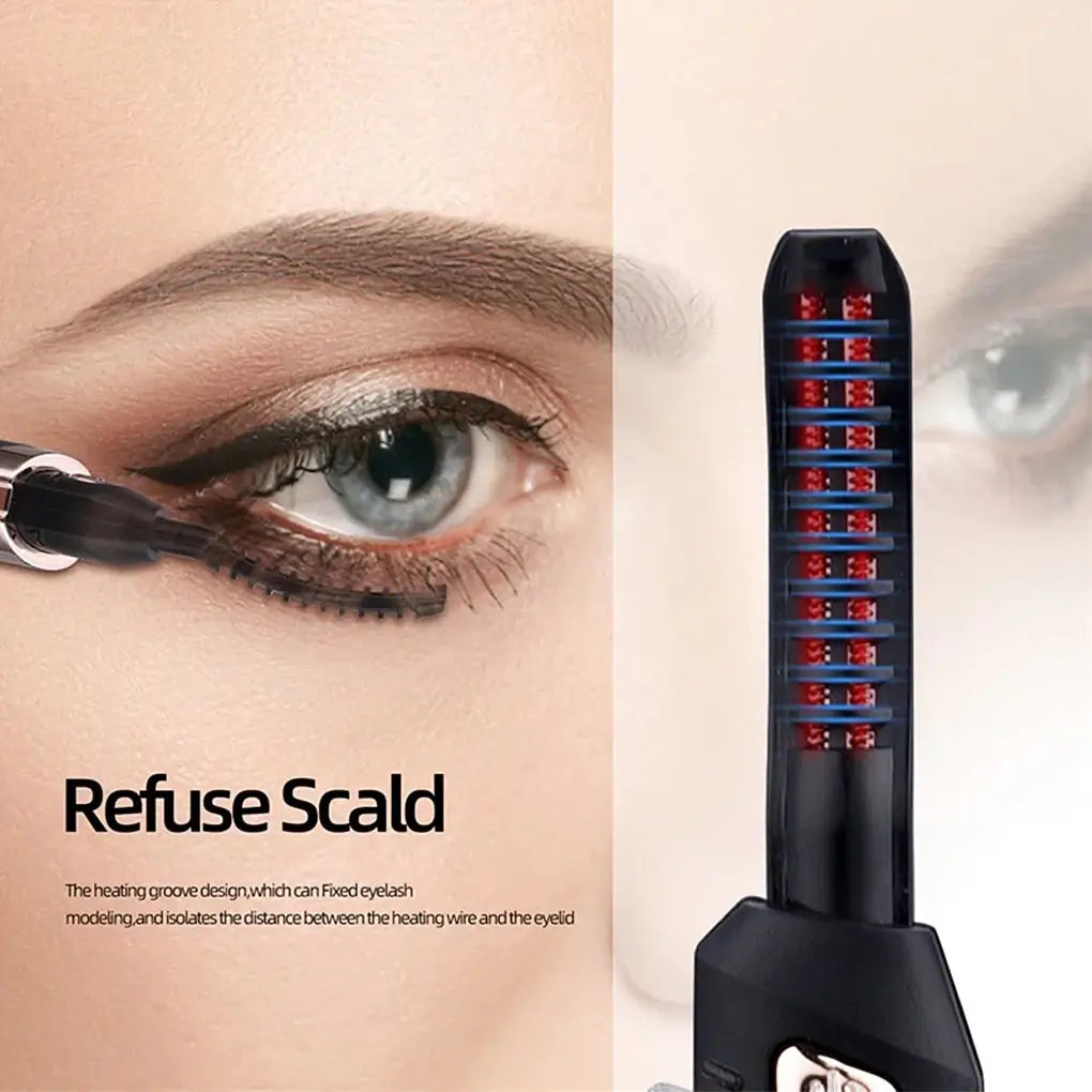 A model using the device on the left and a picture of the devices on the right showing its heating elements.
