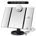 The Black LED Touch-Screen Makeup Mirror, showing its 2x, 3x and 10x magnification mirrors, its charging cord and its 22 LED lights.