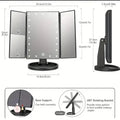 The LED Touch-Screen Makeup Mirror dimensions of 27.5cm/10.8inches in height, 34.5cm/13.5inches in screen Width, 15.8cm/6.2inches in base Width and 2.5cm/0.98inches in screen depth. 2 graphics down the bottom showing the devices base support and 180 degree rotating bracket.
