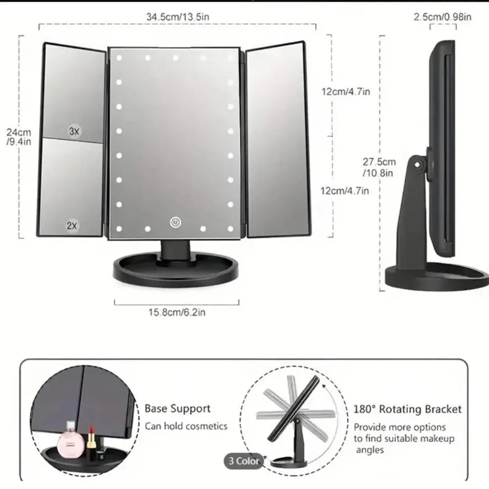 The LED Touch-Screen Makeup Mirror dimensions of 27.5cm/10.8inches in height, 34.5cm/13.5inches in screen Width, 15.8cm/6.2inches in base Width and 2.5cm/0.98inches in screen depth. 2 graphics down the bottom showing the devices base support and 180 degree rotating bracket.