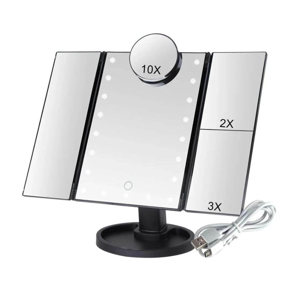 The Black LED Touch-Screen Makeup Mirror, showing its 2x, 3x and 10x magnification mirrors and its charging cord.