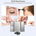 3 graphics of models using the LED Touch-Screen Makeup Mirror to apply eye brow makeup, eyelash makeup, pop pimples and floss teeth. 