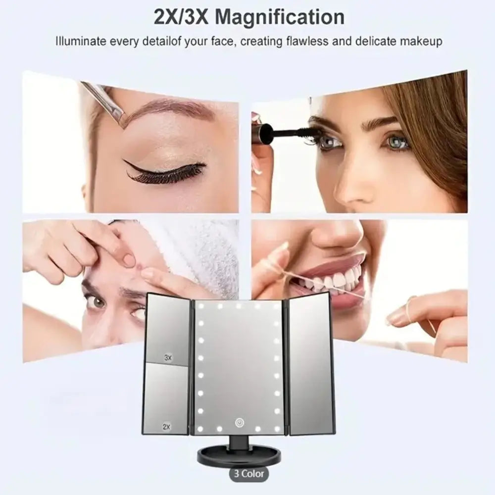 3 graphics of models using the LED Touch-Screen Makeup Mirror to apply eye brow makeup, eyelash makeup, pop pimples and floss teeth. 