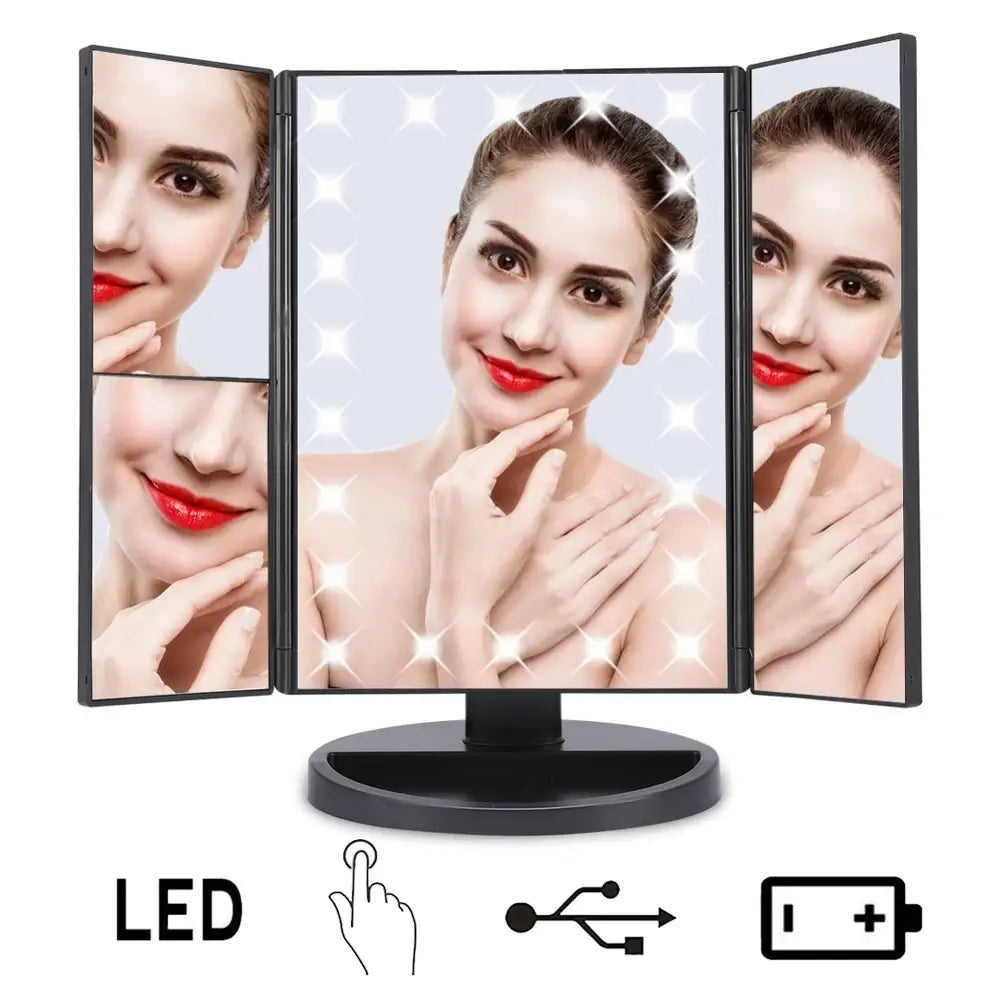 A models reflection in the black LED Touch-Screen Makeup Mirror.