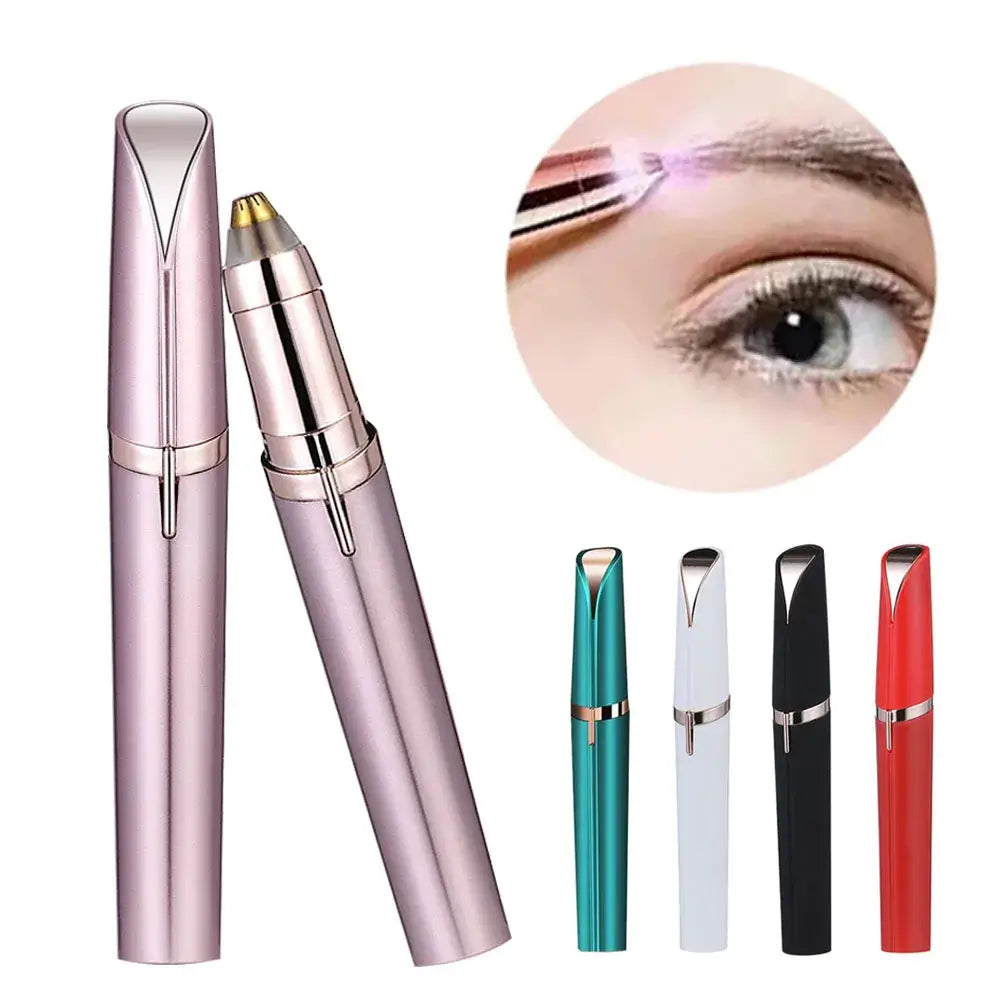 A champagne, green, white, black and red Epilator For Eyebrows and the device being used on someone eyebrow for facial hair removal