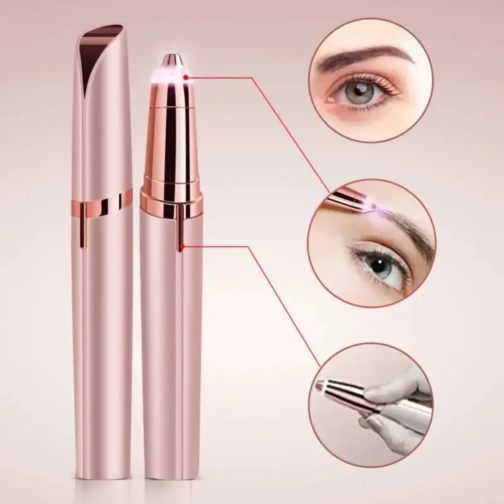 The rose gold Epilator For Eyebrows and 3 graphics on the right showing the devices in use for eyebrow hair removal on the face