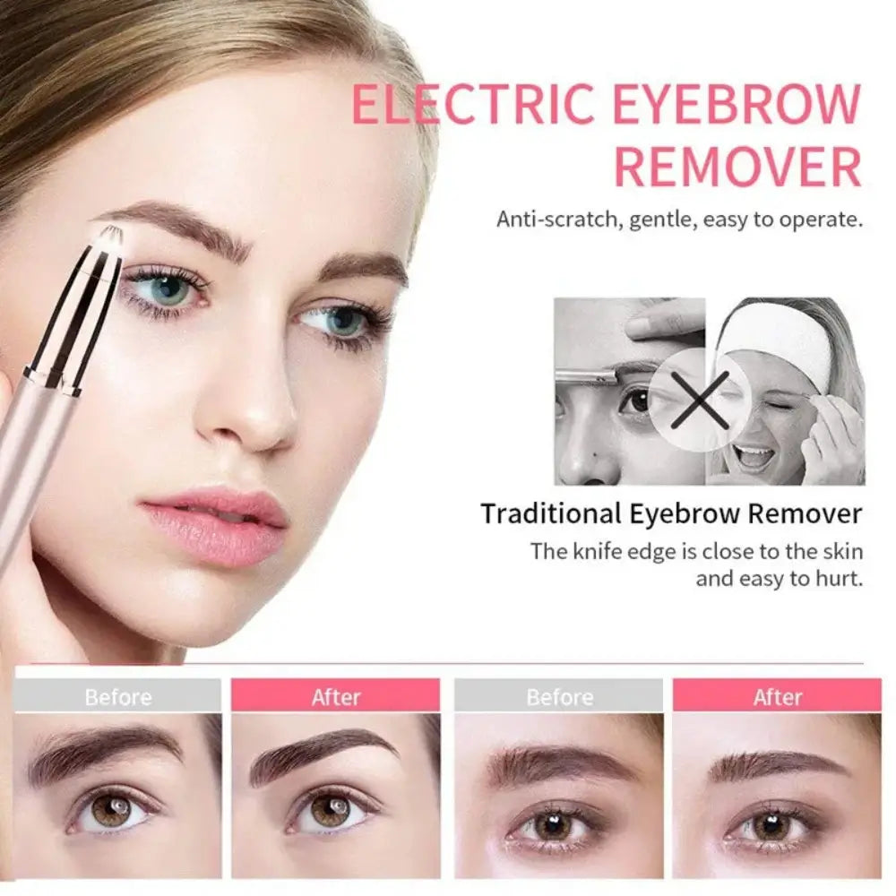 Electric eyebrow remover being used on the face and 4 before and after pictures down the bottom