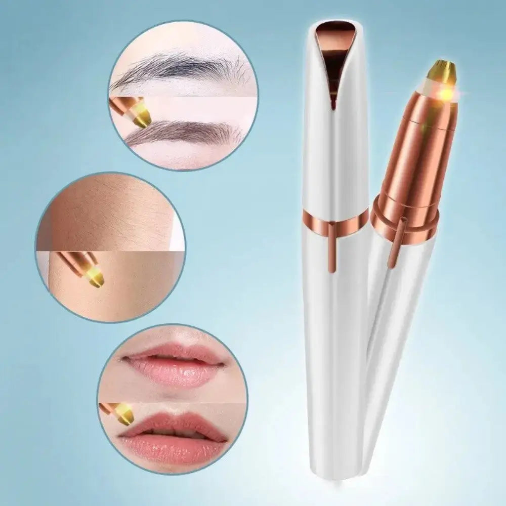 The White Epilator For Eyebrows and 3 graphics on the right showing the devices in use for eyebrow hair removal on the face